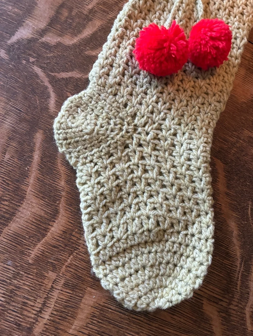 Hand Crocheted pale green Christmas Stocking with Red Pom Poms